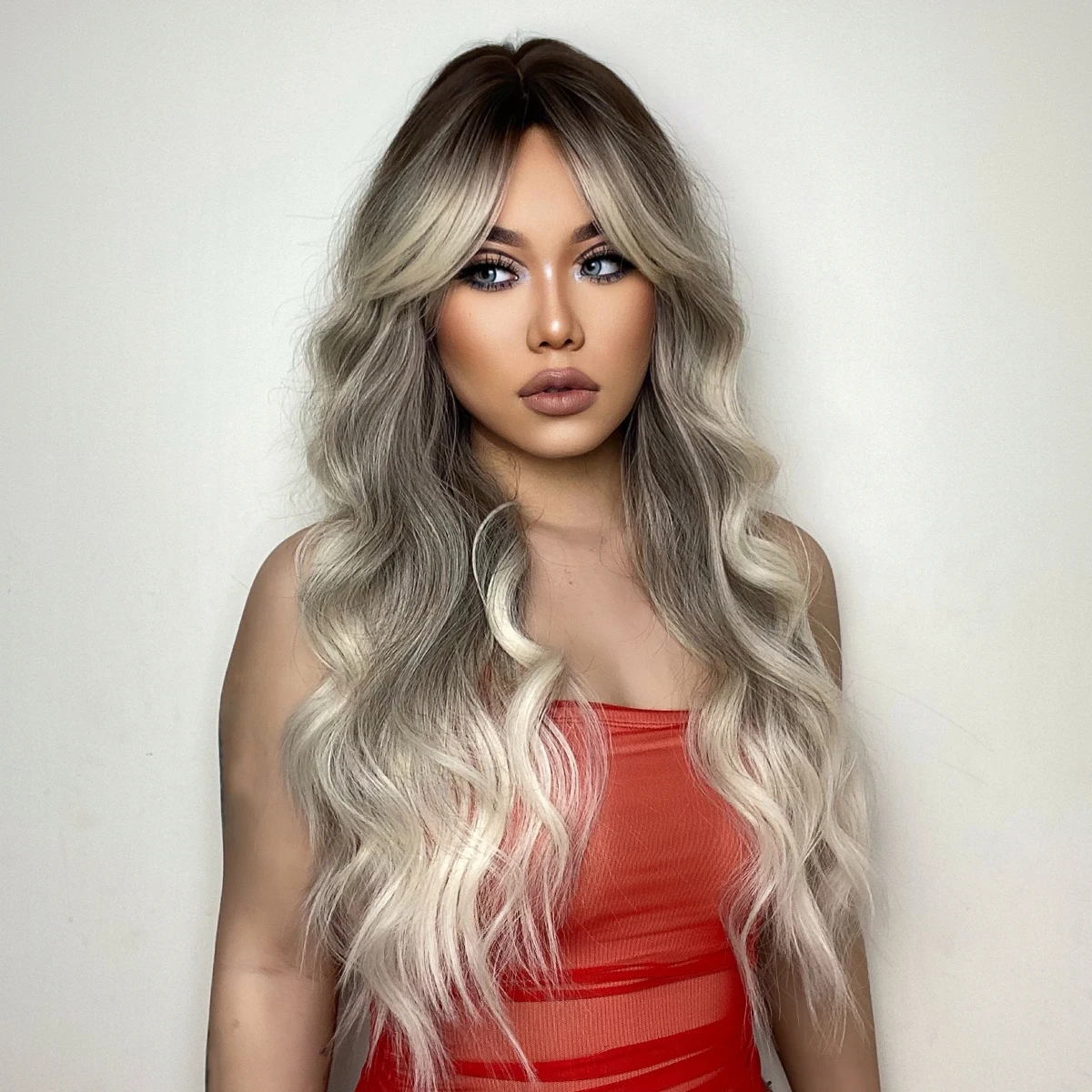 Easyhair brązowy jesion blond peruki syntetyczne Ombre długie faliste z grzywką naturalna peruka dla kobiet Cosplay codzienna peruka termoodporna