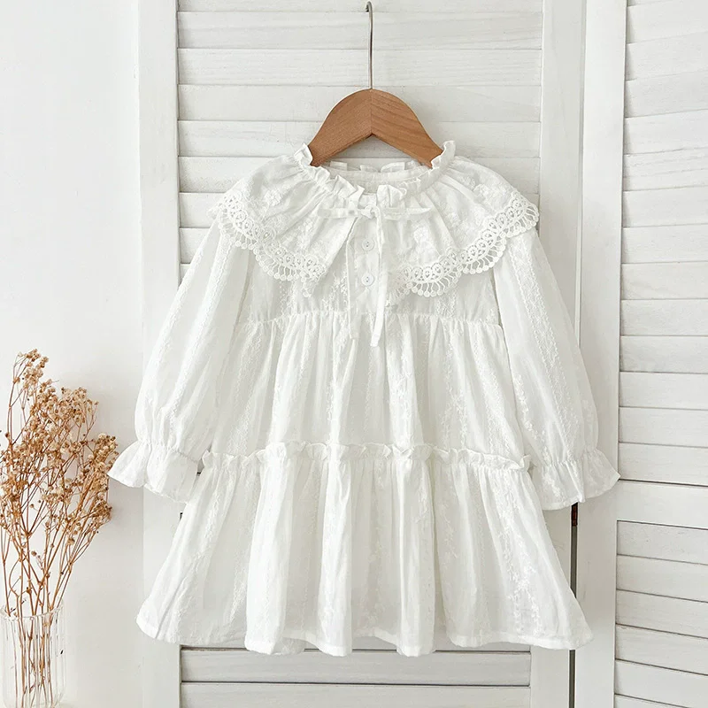 New Girls Sweet Dresses Kids Ruffle Trim Party Princess Dress Children Lace Collar Going Out Casual Dress Little Clothes