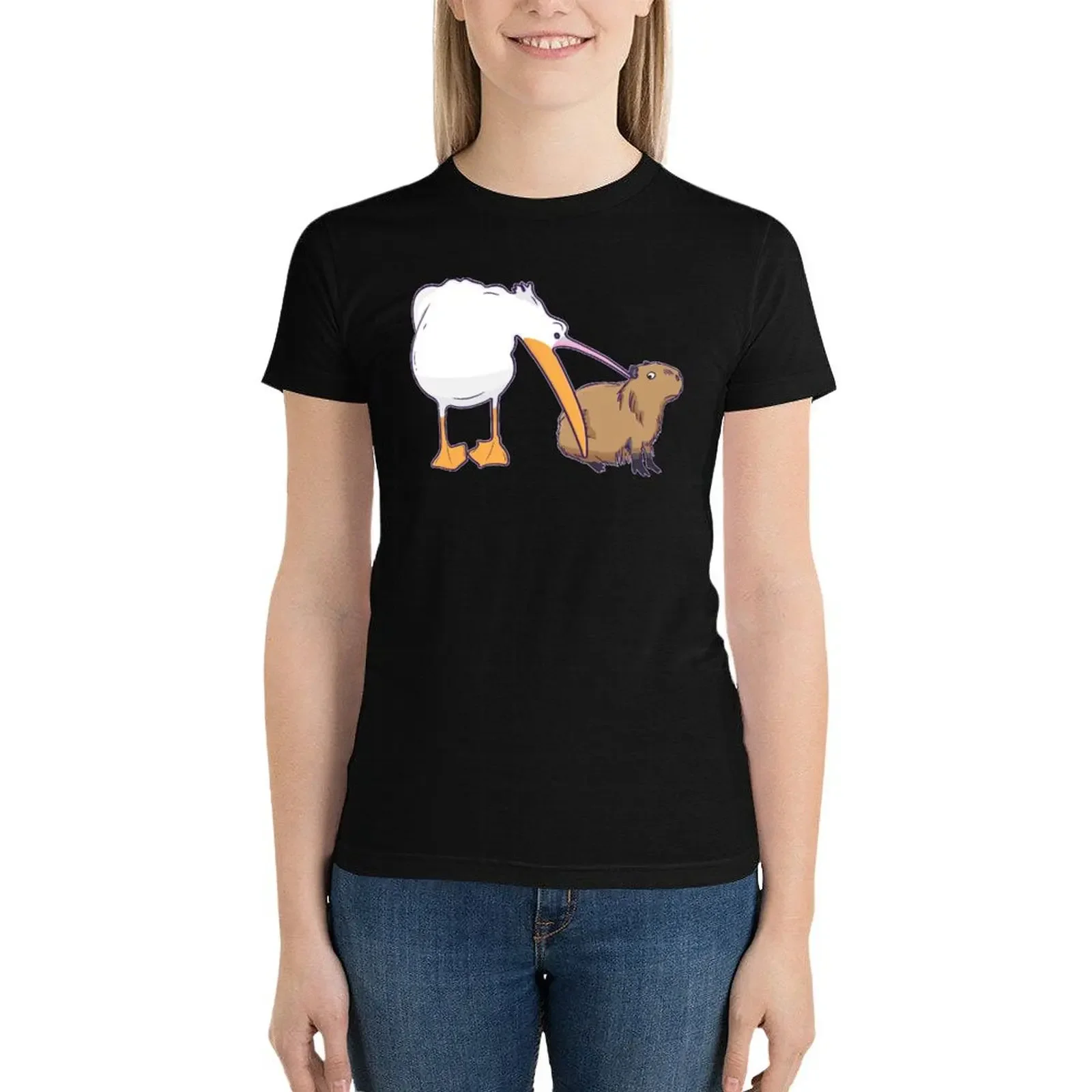 Pelican Tries to Eat Capybara Funny Cute Meme T-Shirt animal print shirt for girls funny t-shirts for Women graphic tees funny