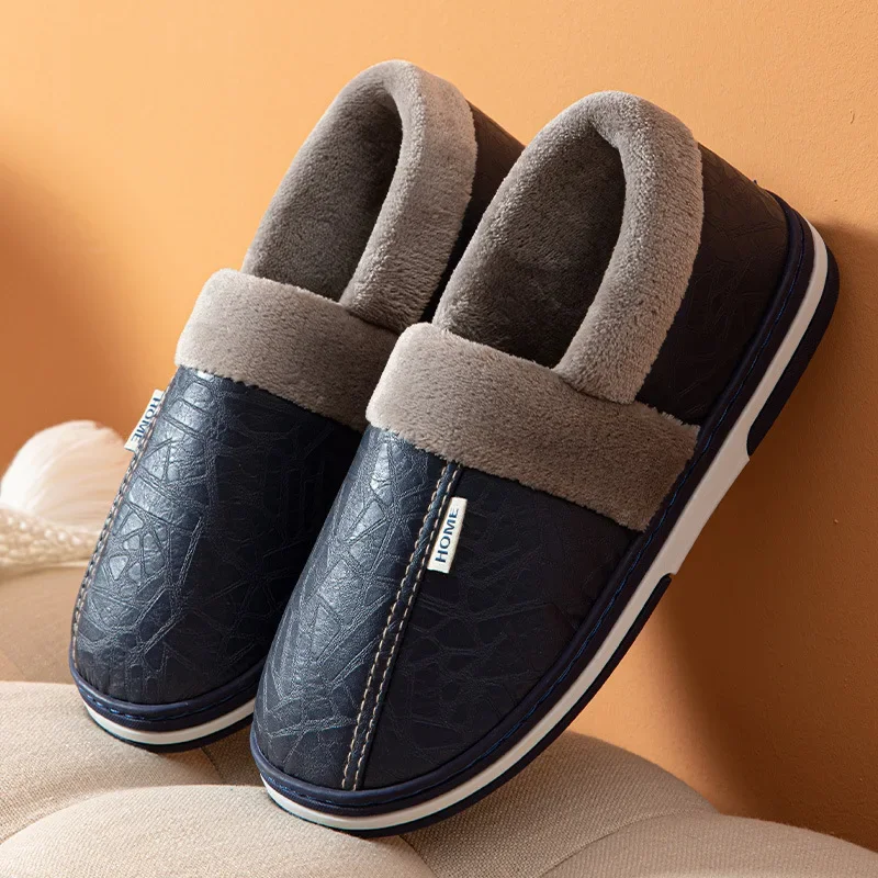 Nieuwe Big Size 50 51 Heren Slippers Winter Pu Lederen Warm Indoor Waterdicht Huis Harige Koppels Flats Antislip Glijbanen Slaapkamer Schoenen