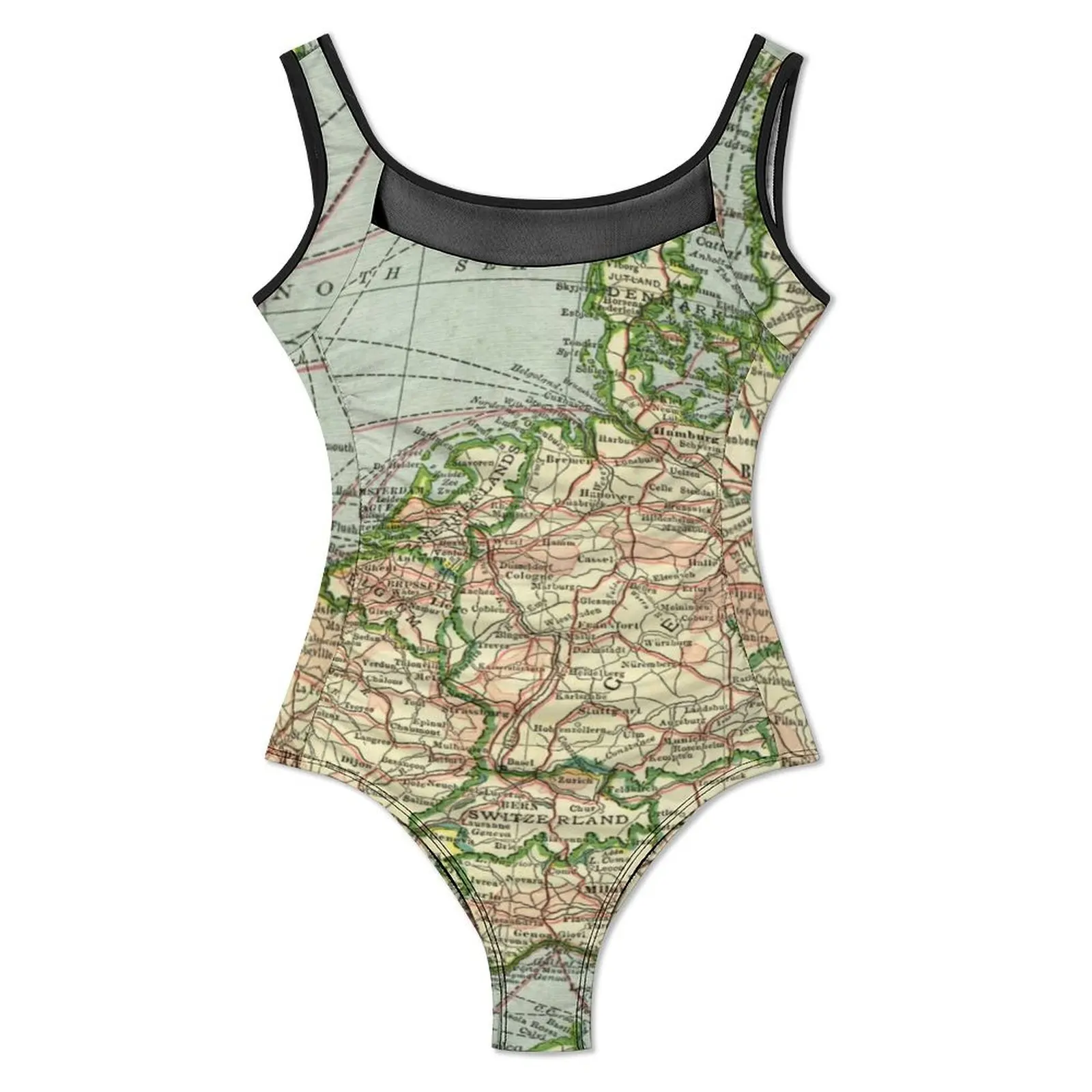 Vintage Europe Map Swimsuit Sexy Old World Maps Female Swimwear One Piece Fashion Bodysuit Holiday Push Up Mesh Bathing Suits