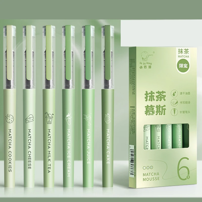 6 buah/set Matcha cookie cepat kering 0.5mm Roller Pen kapasitas tinggi tinta hitam lurus cair Rollerball Gel alat tulis sekolah