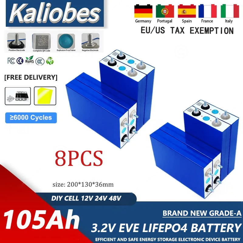 

8 шт., перезаряжаемая батарея EVE 3,2 В 105 Ач Lifepo4, призма, подходит для кемперов, гольф-каров, внедорожников, автономной солнечной энергии ветра