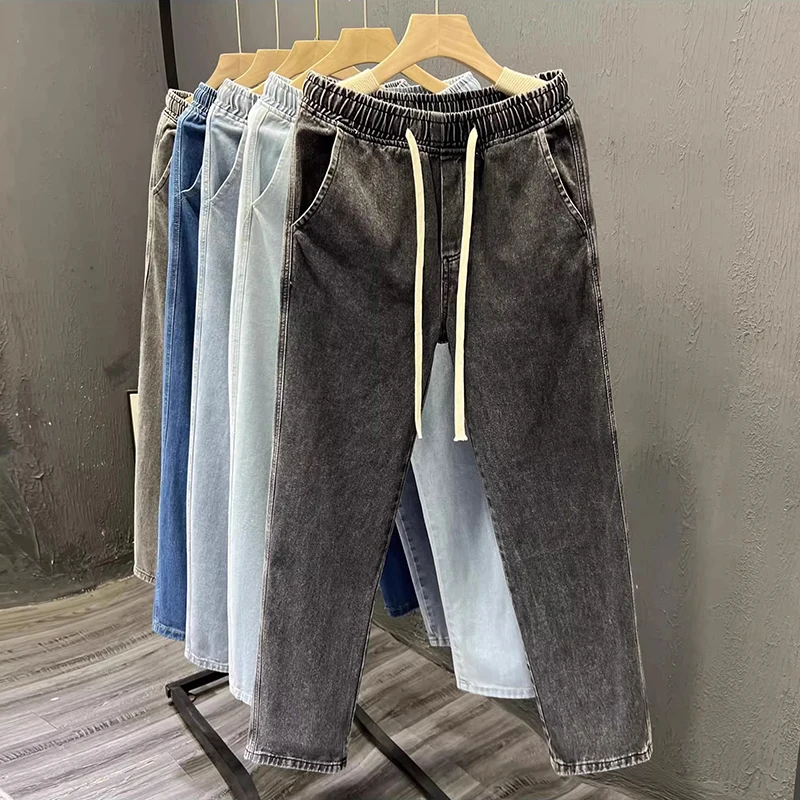 Retro American Elastic Waist Jeans Men's Thin Summer Loose Straight Leg Nine Points Wide Leg Casual High Street Long Pants
