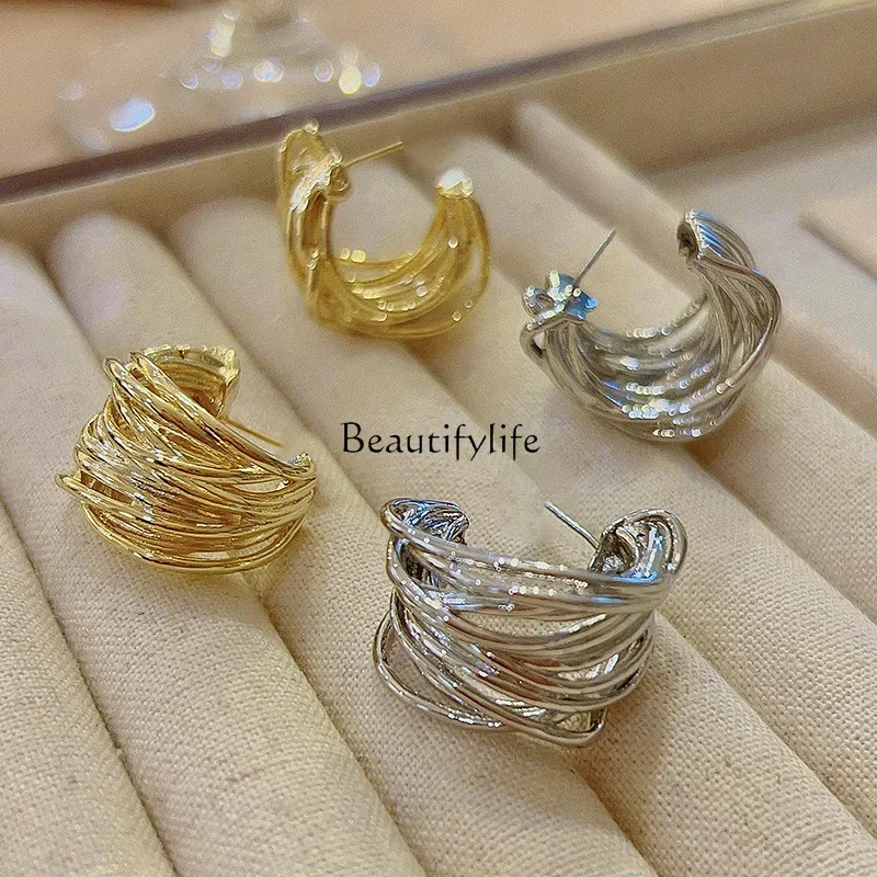 Winding C- Shaped Earrings Niche Design Advanced Light Luxury Hong Kong Style Ear Studs