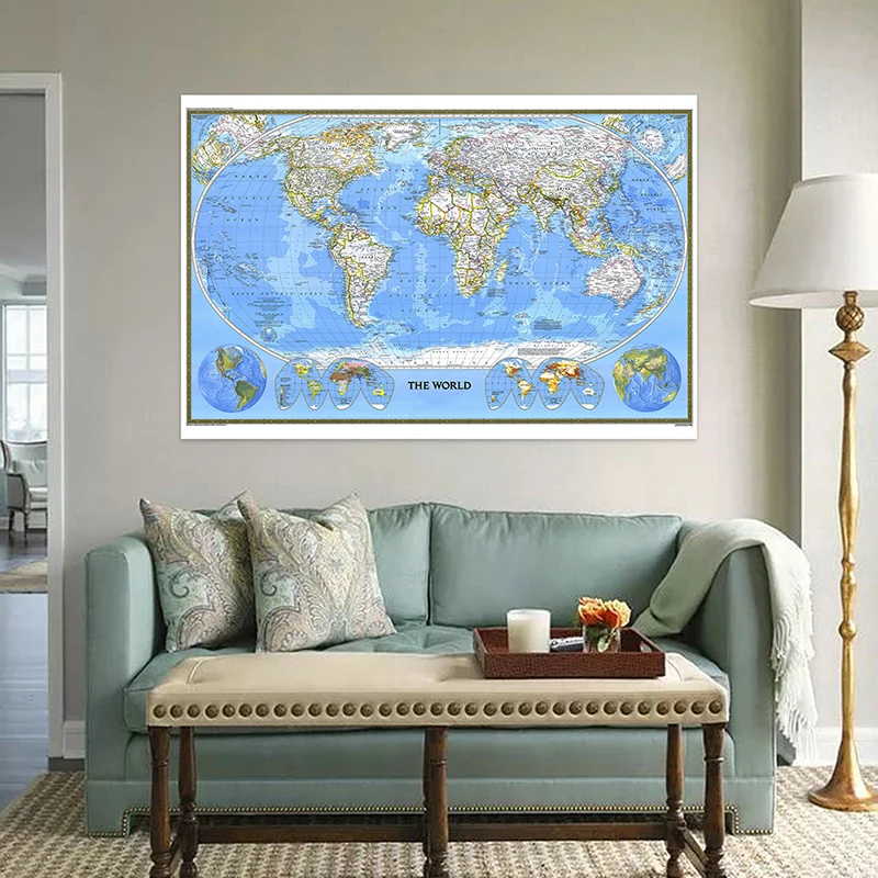 Imagem -06 - Mapa do Mundo 225*150cm Não Tecido Mapa do Mundo Cartaz Detalhado Parede Decoração Wallpapers Material de Escritório 1pc 1988