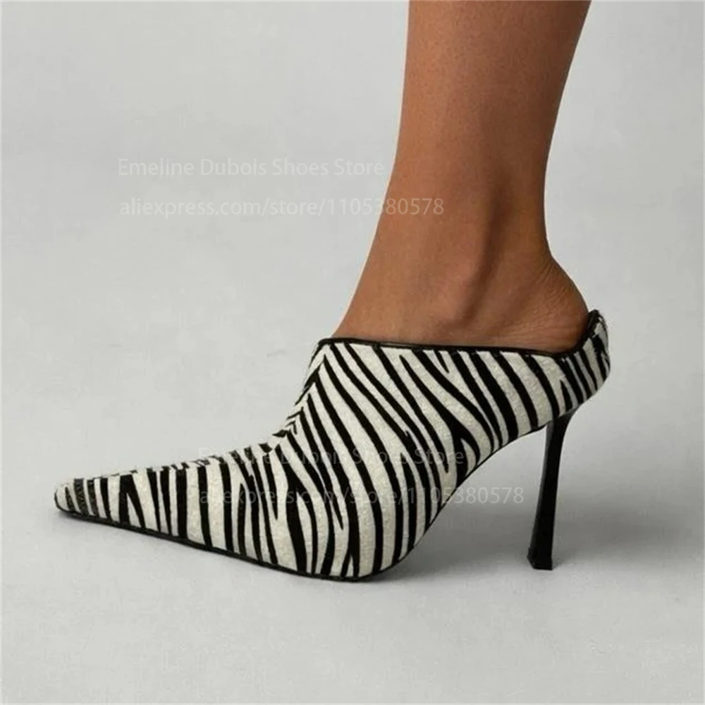 Zebra Print Side Cutout High Heel Pumps Faux Pony Hair Pointed Toe Slip on Stiletto Heel Mules Sexy Casual Ladies Dress Shoes - view 3
