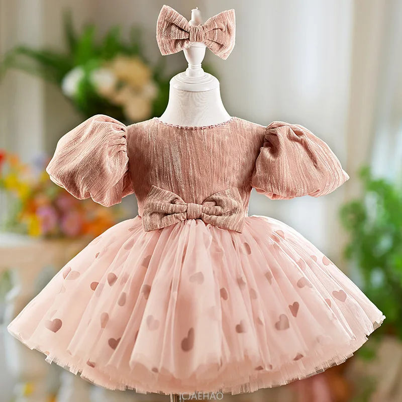 

Party Dress Girls Birthday Bow Bubble Sleeve Tulle Princess Gown Kids Formal Tutu Skirt Cute Outfit Vestido Teen Girl Clothes
