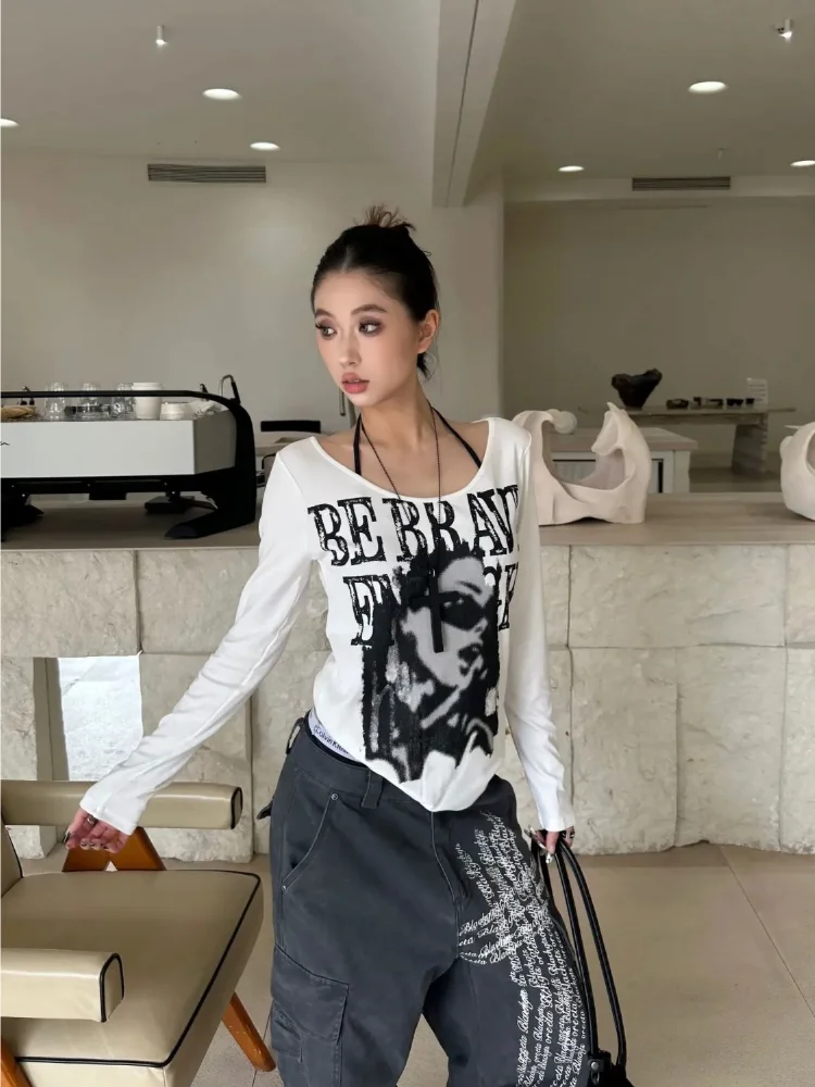 Autumn New Character Printed White T-shirt Women Y2k Aesthetic Slim Fit Base Crop Top Harajuku Vintage Spicy Girl Tees