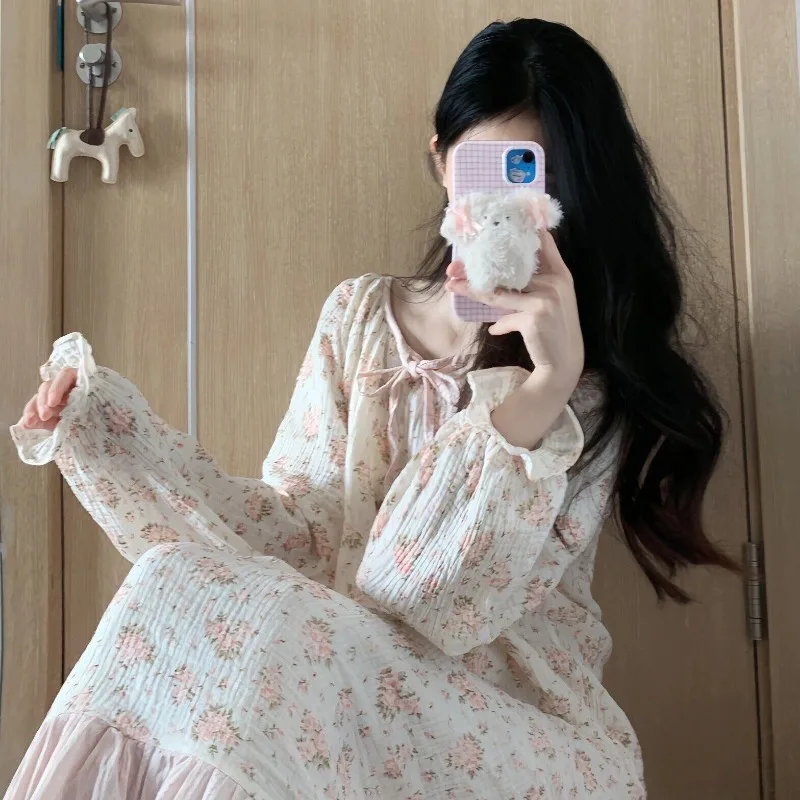 Floral Women Nightgown Korean Sleepwear Square Collar Nightwear Ruffle One Piece Pajamas Ruffles Autumn Sleeping Night Dress New