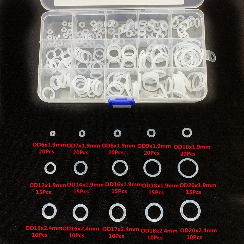 225PCS VMQ White O Ring Gasket Silicone Food Grade O-Rings Silicon Ring High Temperature Gasket Kit Set Box Ring