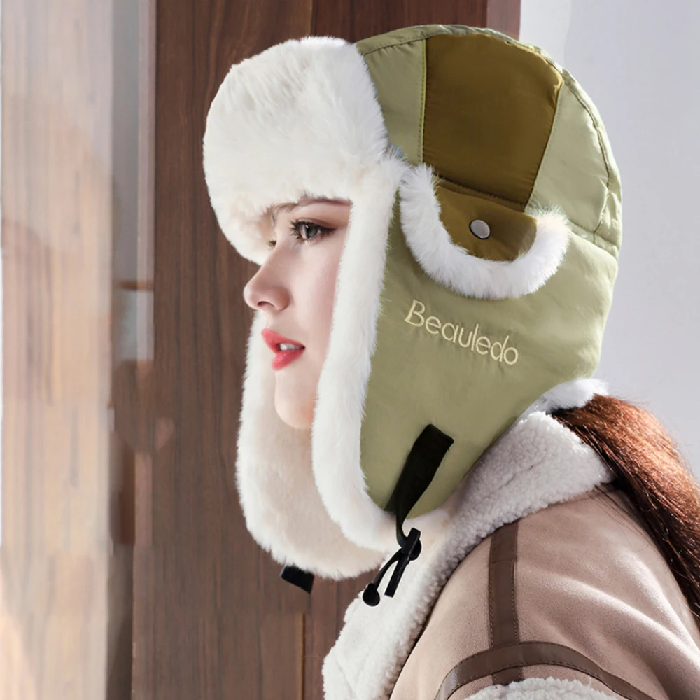 

HT4566 Bomber Hat Men Women Winter Hat Thick Warm White Fur Lined Russian Hat Male Female Ski Earflap Cap Waterproof Trapper Hat