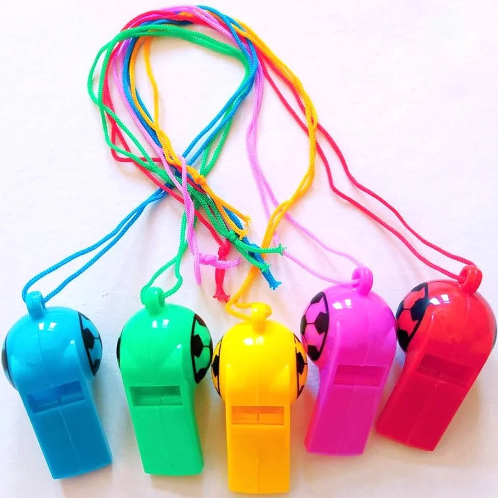 100 قطعة صفارات كرة القدم مشرق اللون البلاستيك الحبل صانع الضوضاء هدايا الحفلات موضوع الرياضة لوازم صفارات مع الحبل #1