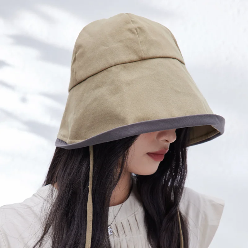 Summer women's casual solid color Japanese high count cotton rolled edge fisherman hat