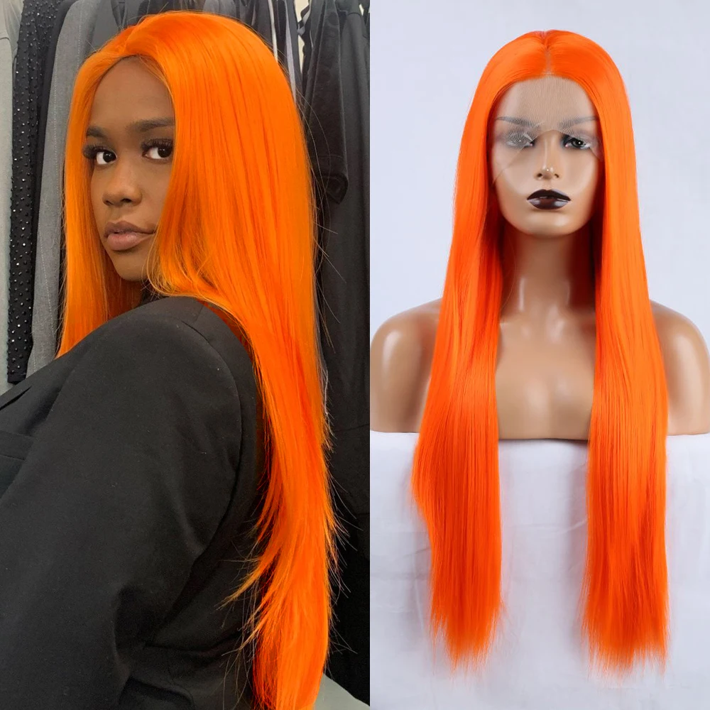 

Orange Wig Straight Synthetic Lace Front Wigs for Women Natural Hairline Ready to Wear Bright NeonHair Frontal Part Cosplay Wigs