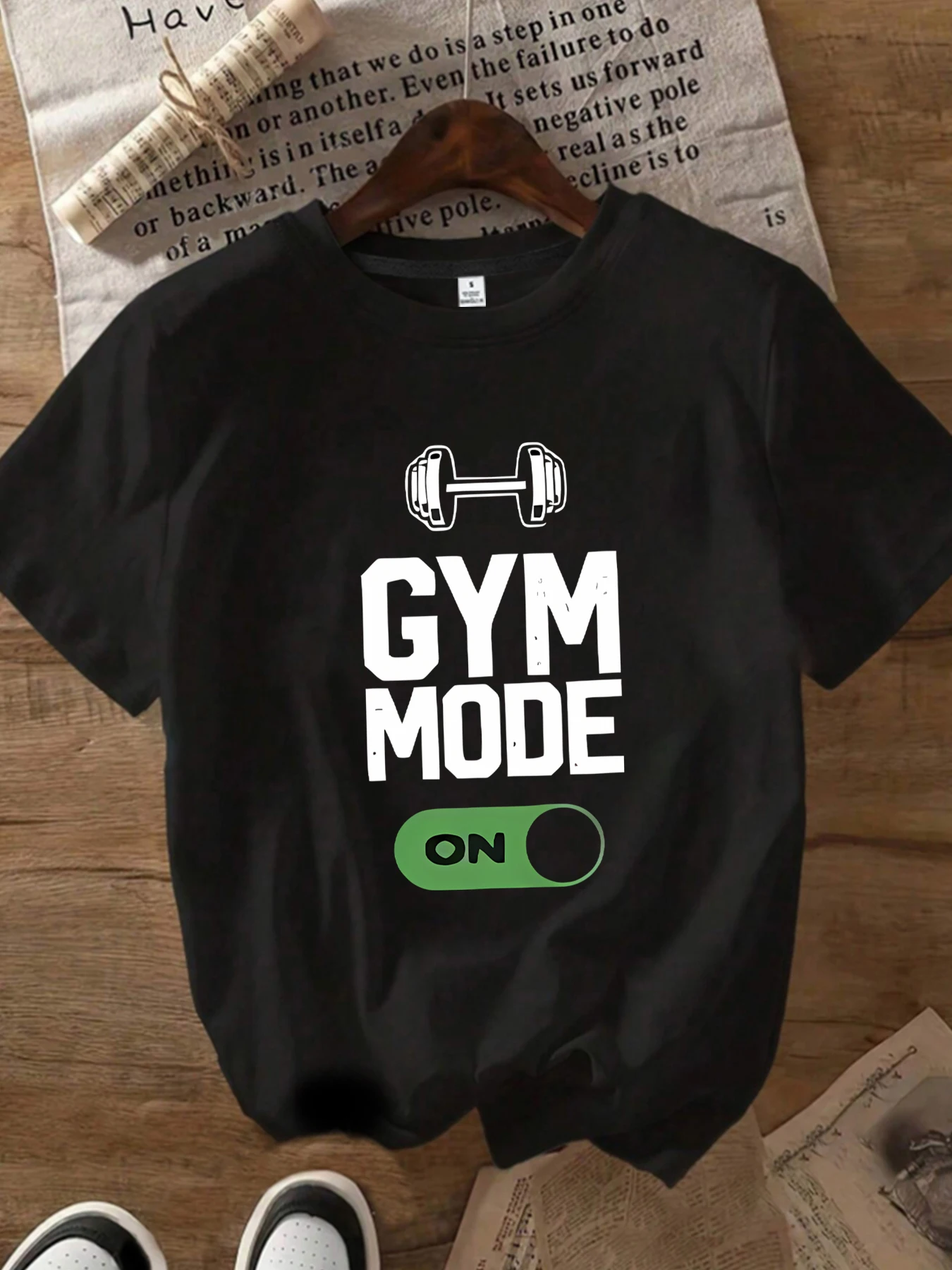 Damen-T-Shirt mit Hantel-Motiv, Rundhalsausschnitt, kurzärmelig, modischer Aufdruck, halbe Ärmel, Stretch-T-Shirt
