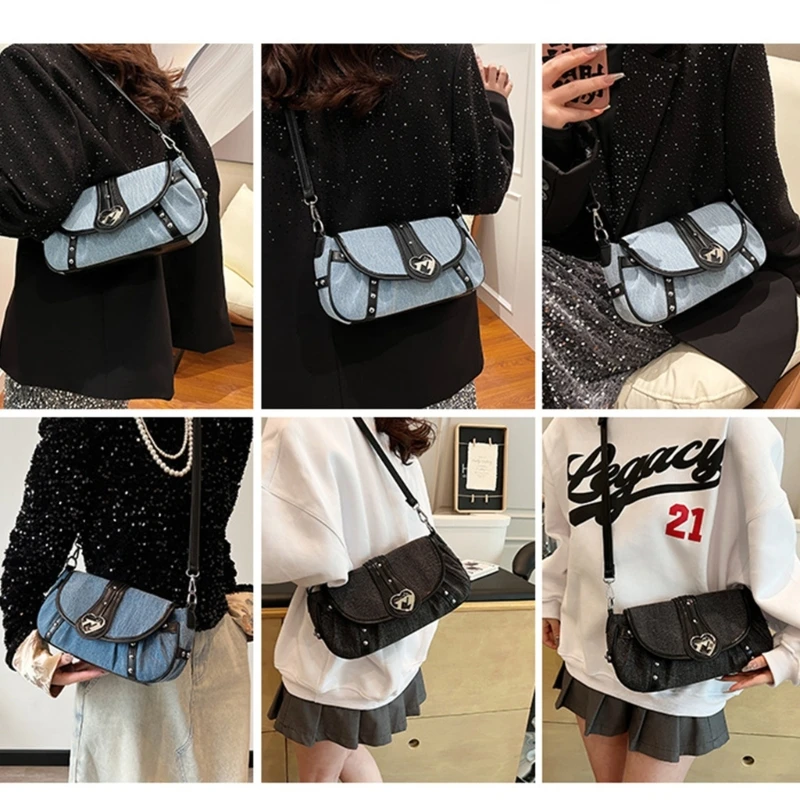 Dames denims flap crossbody tas met hart geknikte punk bezaaid kleine schoudertas modieuze casual handtas portemonnees