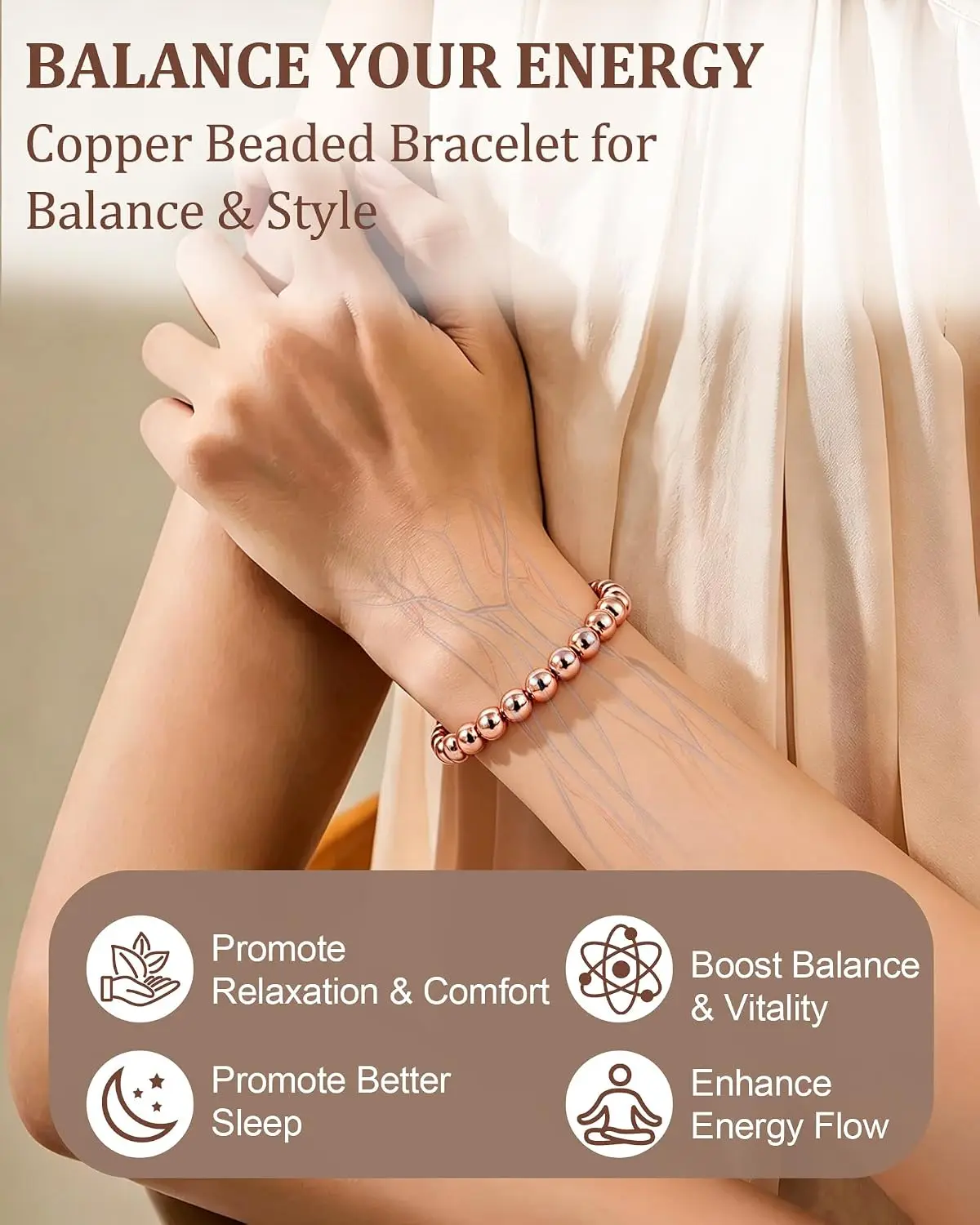 ARADOO Unisex Pure Copper Bead Bracelet Fashion Hand Beaded Jewelry Gift