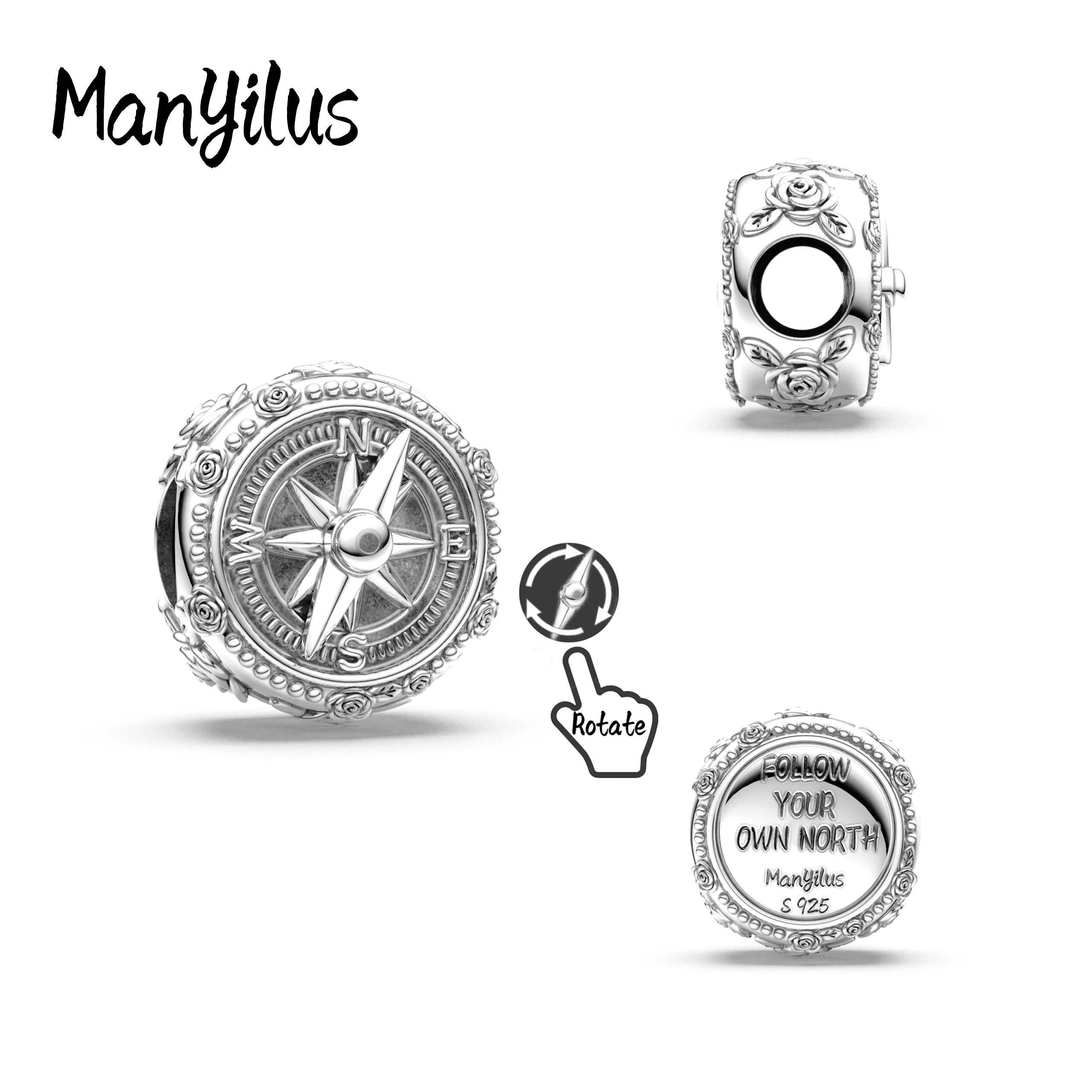 

Manyilus S925 Silver Rotatable Compass Charm for Original Bracelet, Navigation Travel Jewelry Pendant DIY, Gift for Explorers
