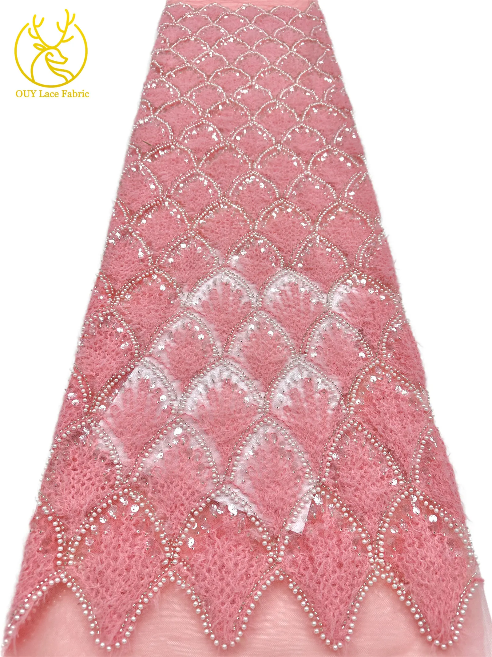 Hochwertiger 3D Nigerianischer Pailletten-Tüll-Spitzenstoff, 5 Yards, afrikanischer handgefertigter Perlen-Spitzenstoff für Damen-Partykleider zum Nähen – Detail 18