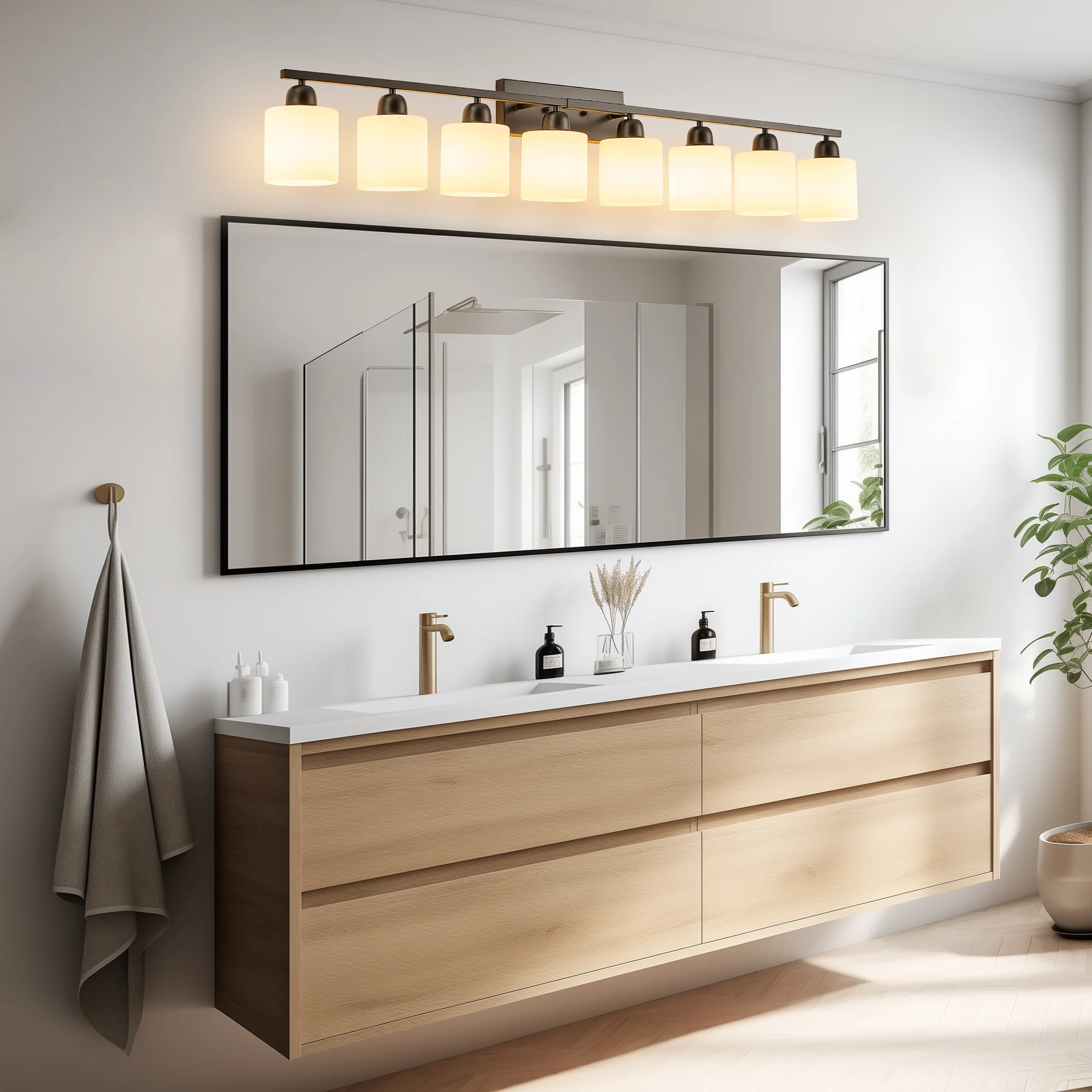 Milk Glass Bathroom Vanity Light Over Mirror, 8 Light Matte Black Bathroom Light Fixtures with Frosted Glass
