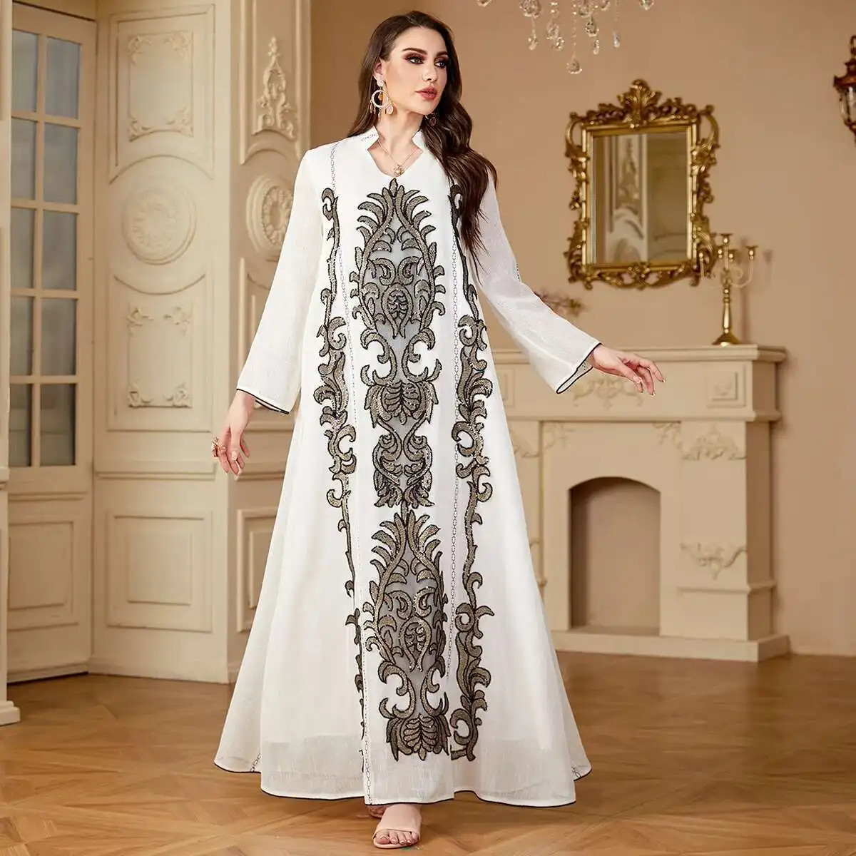 4169 Dames Gewaad Slin Geborduurde Jurk Herfst Winter Nieuwe Stijl Mu Lange Jurk Gewaad Abaya Ramadan Dubai Luxe Islam Elegant