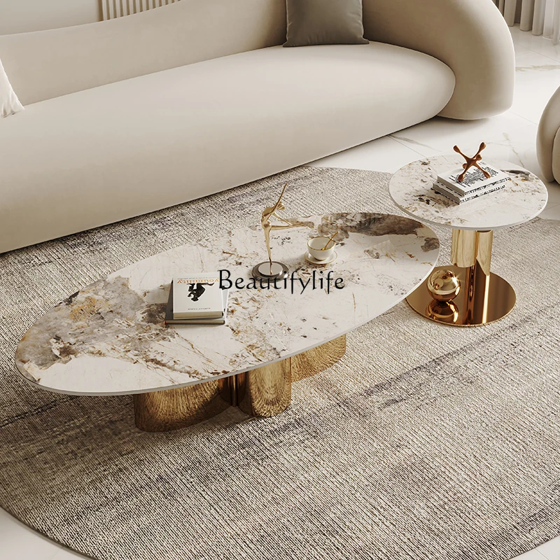 jj Italian minimalist coffee table light luxury high-end modern style stainless steel rock plate coffee table oval
