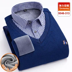 2024 autumn and winter new fleece thickened men's shirt long sleeve fake two warm high-quality non-ironing leisure slim fit