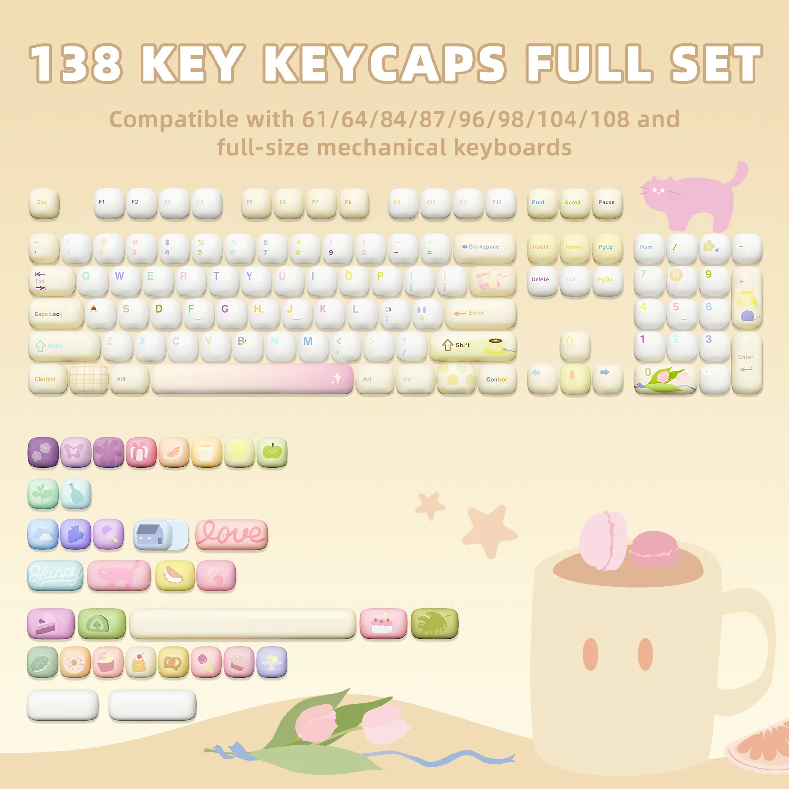 YUNZII Yellow Doodle MOG Dye Sub PBT Keycaps, 138 Keys Custom Cute MOG Profile Keycap Set for Mechanical Gaming Keyboards