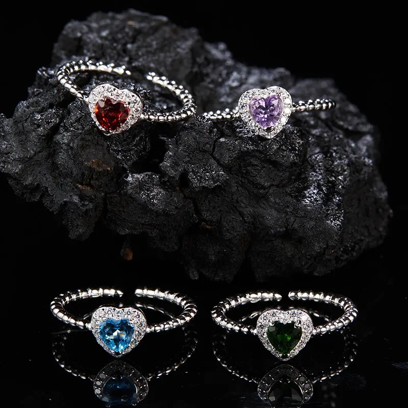 S925 sterling silver natural garnet topaz diopside color treasure amethyst love ring wholesale by female manufacturers