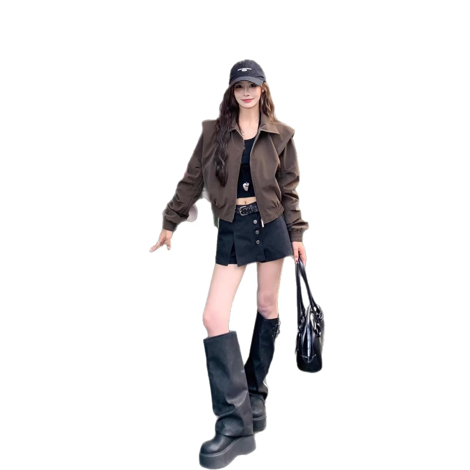 سترة قصيرة مبطنة باللون البني الداكن وياقة مقلوبة للنساء لخريف 2025 سترة بيسبول جديدة للنساء #5