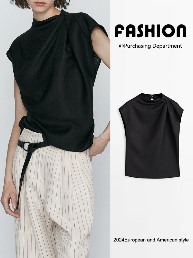 Ele Damska bluzka na lato 2024, nowość, z drapowaniem na ramionach, zwiewna, do pracy, z okrągłym dekoltem, regularny krój.