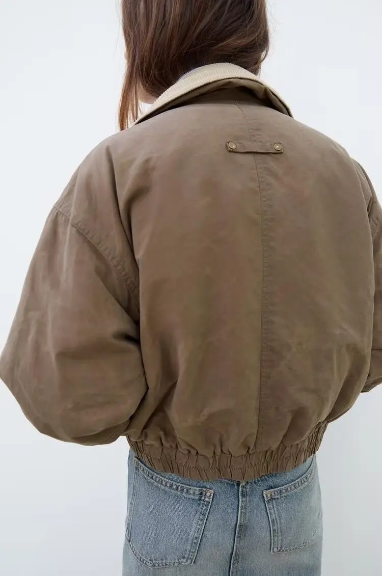 Wiosna 2024 Nowa Damska Kurtka Pilotka z Woskowanej Skóry, Kolorowy Kołnierz Blo, Odzież Wierzchnia, Modny Luźny Krój, Długość Regularna