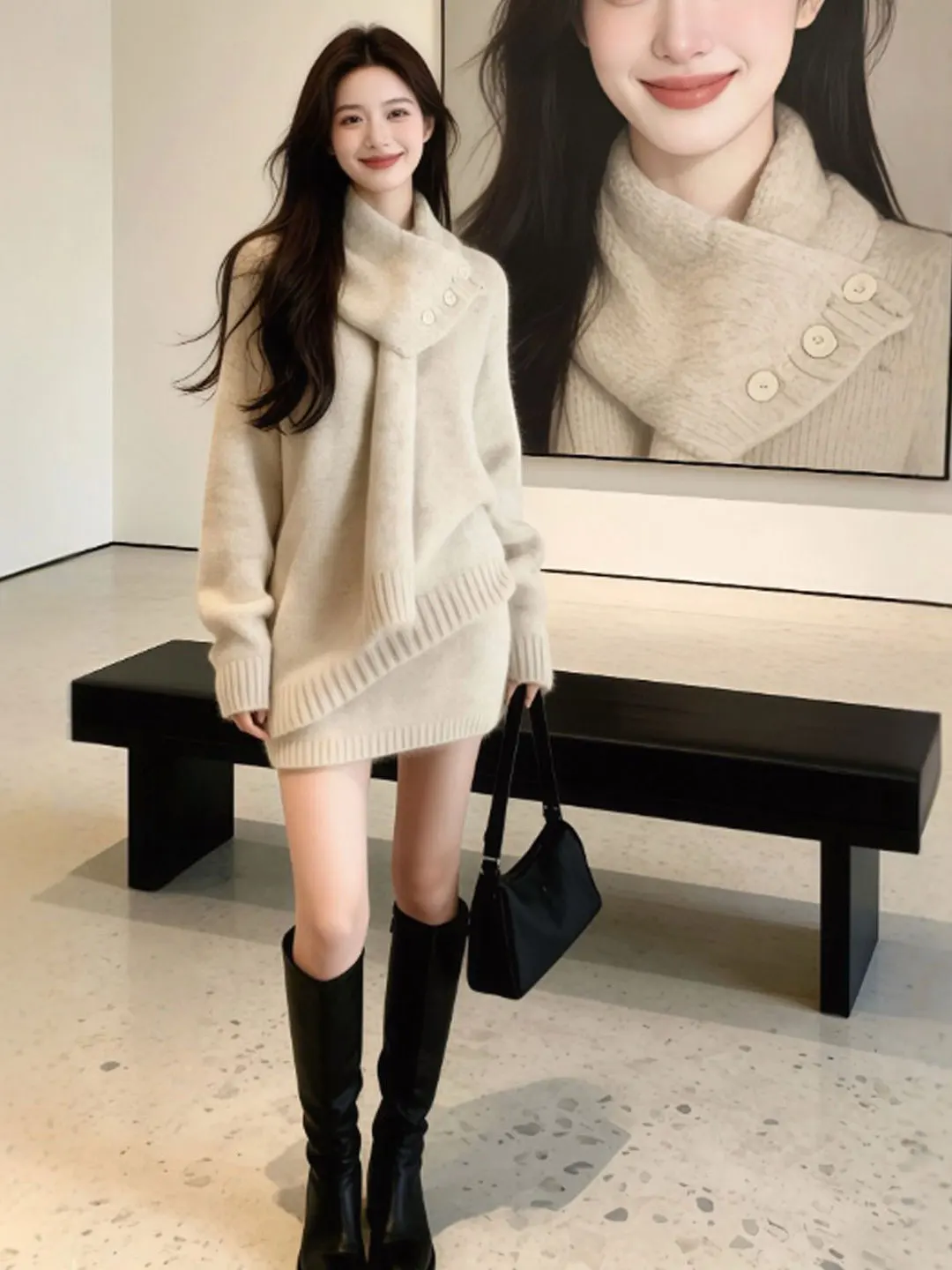 

Laid-ba Chic Knitted Sweater Skirt Set Youthful OOTD Spring 2026 Comfortable Faionable Two-piece Ensemble High Waist or...