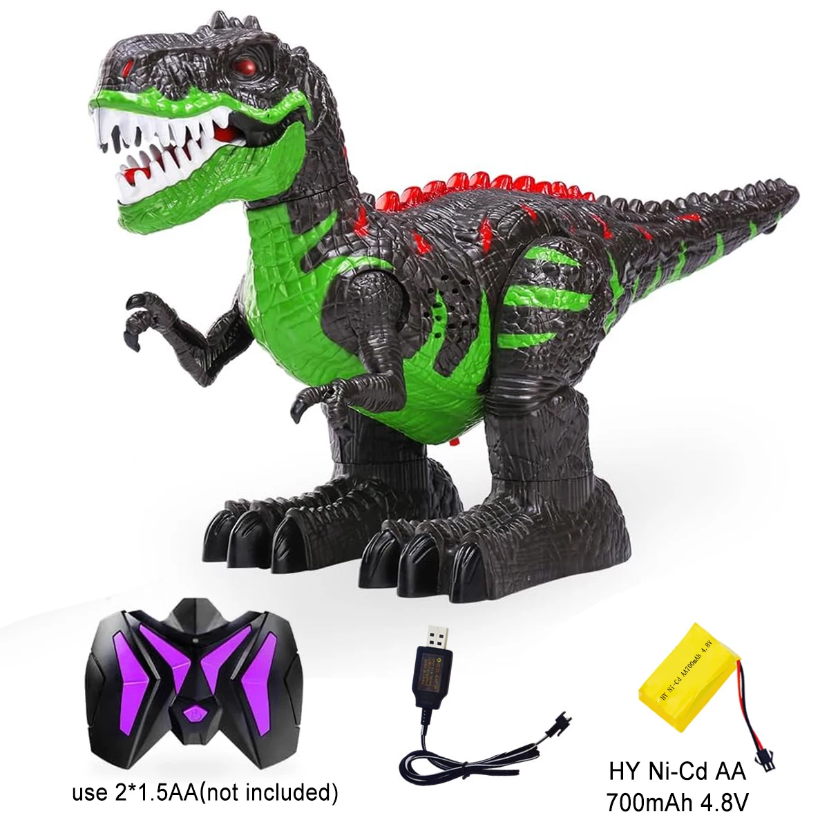 RC Dinosaur Toy, 2.4G Remote Control T‑Rex With Light Sound 360° Rotation Rechargeable Battery For Kids.