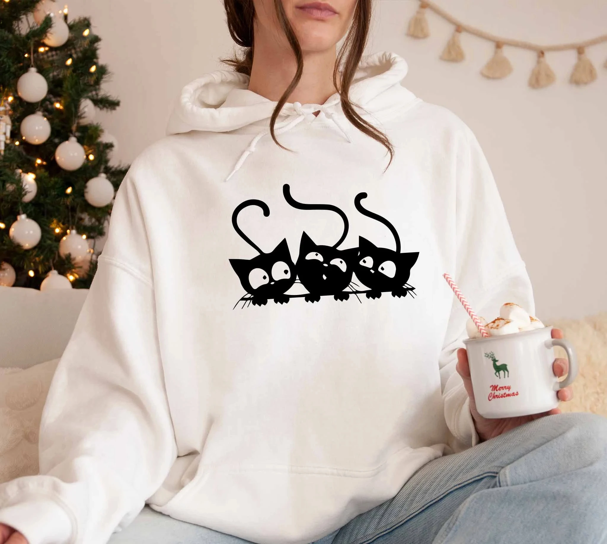 

Cute Black Kittens Hoodie Sweatshirt Women Long Sleeve Sweatshirt Pullover Funny Tops Fashion Casual Autumn Winter Clothing