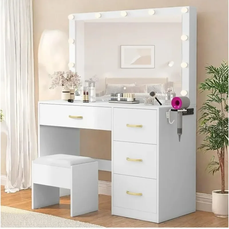 منضدة الزينة الخشبية البيضاء الحديثة ماكياج الغرور مع مرآة Led ماكياج أنيق بالباطل موبليس دي دورميتوريو خفيزانات غرف نوم
