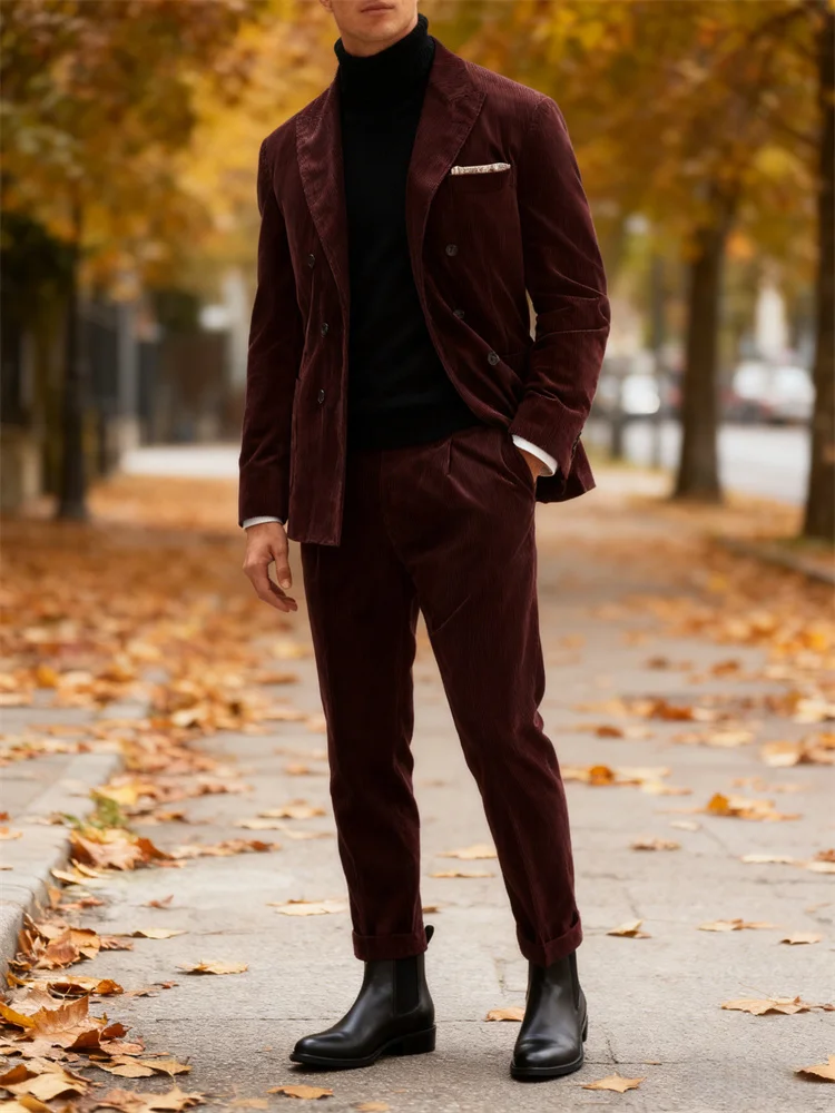 Outono inverno veludo masculino 2 peças terno homem profundo borgonha terno jaqueta terno calças terno grosso superior para banquete de casamento negócios