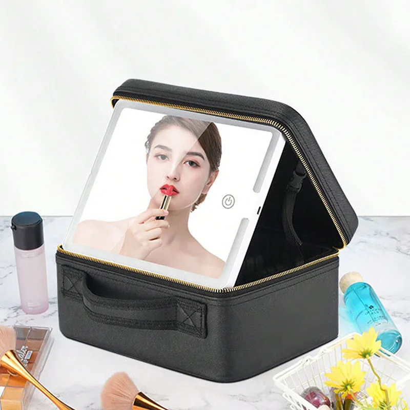 New LED Lighted Cosmetic Case With Mirror Waterproof PU Leather Portable Brush Nail Beauty Tools Travel Makeup Storage Bags