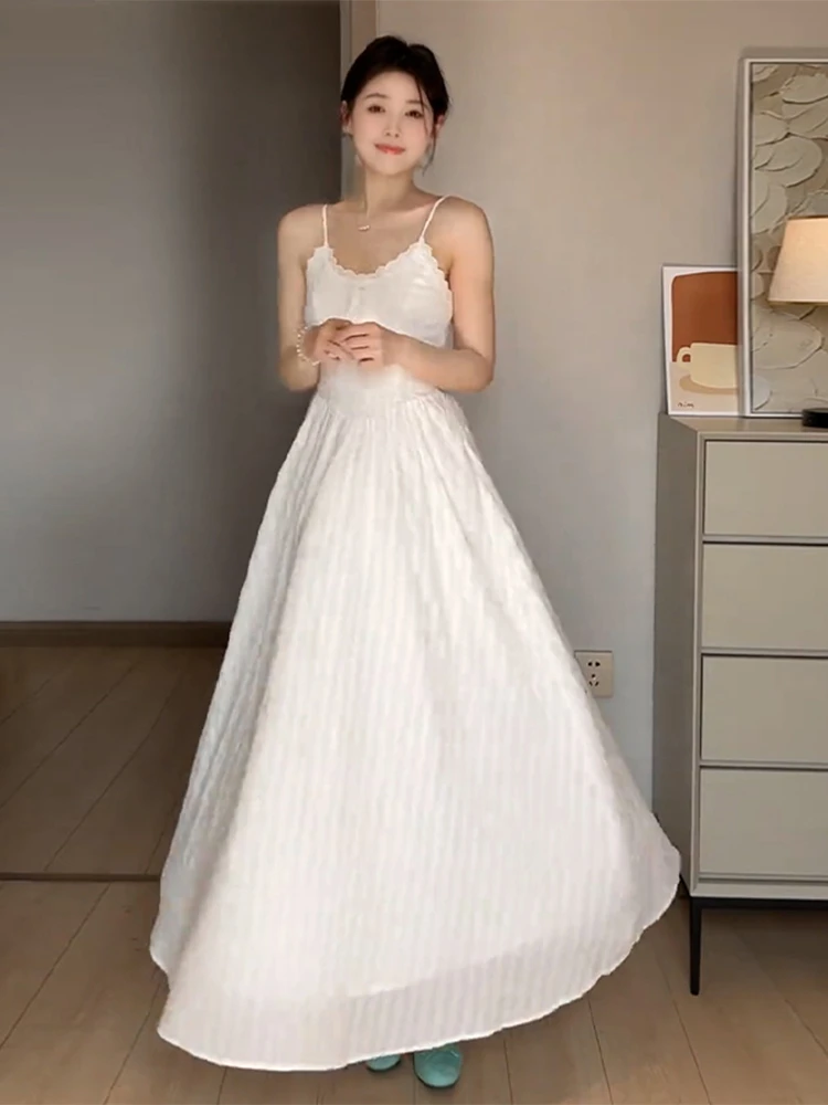 

Ele White Strapl Long Dr Women's Summer New Sle Beach Vaion Beachy Waist Cinching Cotton A-Line Dr