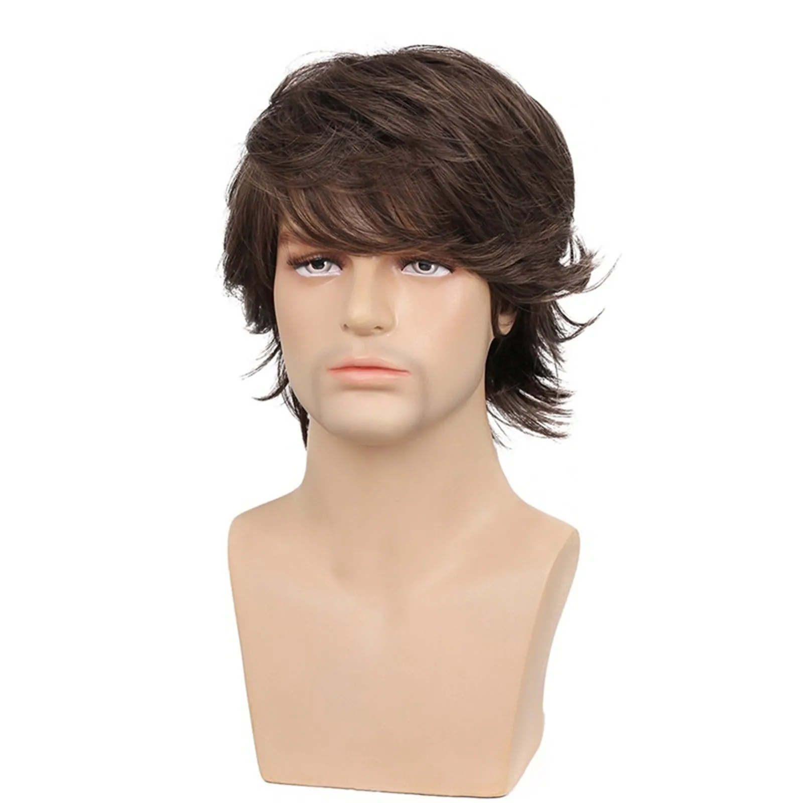 Short Wig Men Synthetic Curly Wig with Bangs Natural Brown Hair Korean Style Mature Male Wig Charm Fluffy Daily Cosplay Party