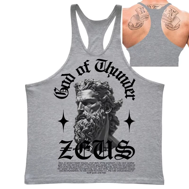 Men's Zeus God of Thunder Graphic Stringer Vest Gym Fitness Racerback Tank Top Breathable Stylish for Bodybuilding & Workout