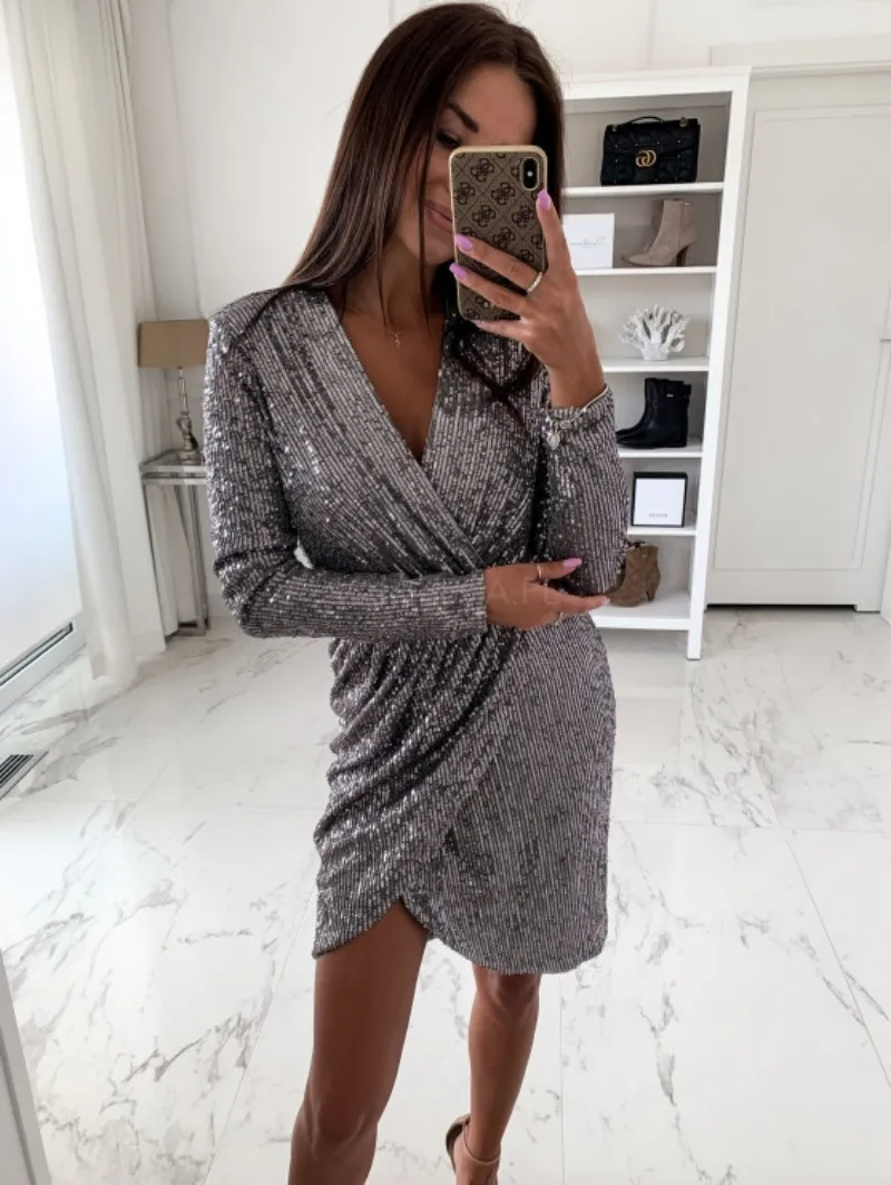 Sexy hot stamping dress, long sleeved V-neck mini short dress, women's dress