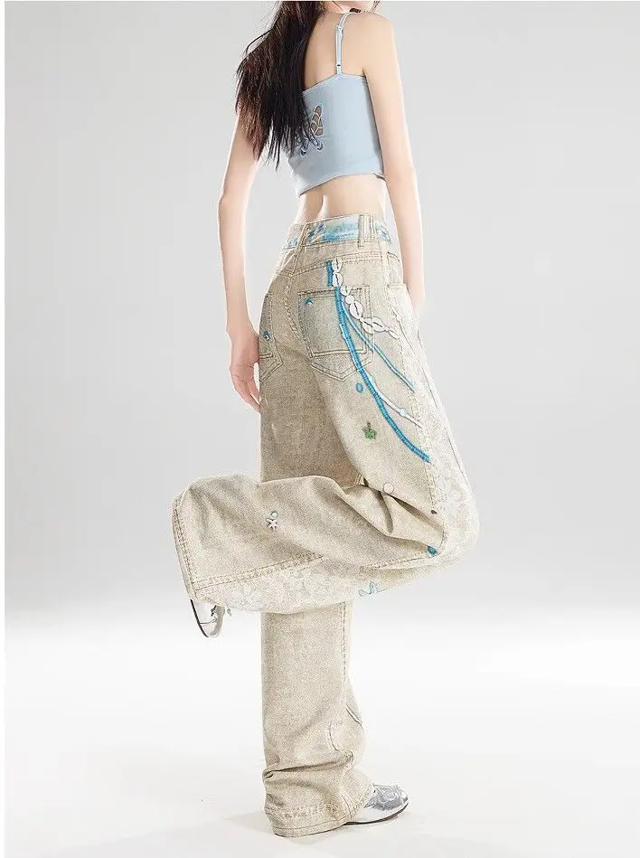 American Style Women's Jeans Summer New Chain Lace Print Design High Waist Loose Slimming Wide Leg Pants Alternative Fashion