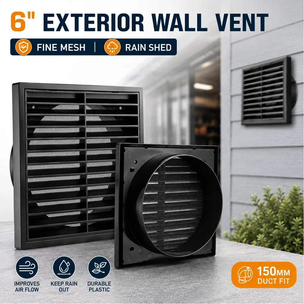 6 Inch Exterior Wall Vent Cover Fine Mesh Screen Fixed Louver Rain Shield 150mm Duct for Bathroom Kitchen Garage Exhaust