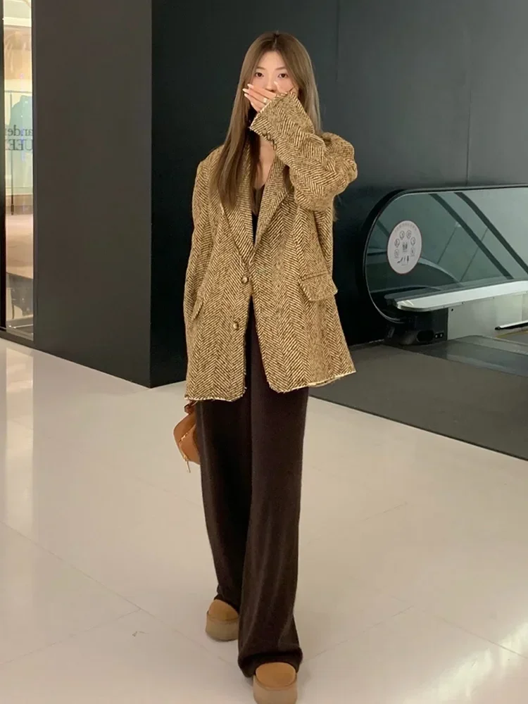 Street Fashion Woolen Coat Women Elegant Thick Brown Wool Blazer Jacket 2024 Autumn Winter Office Lady Outwear Female tweed coat