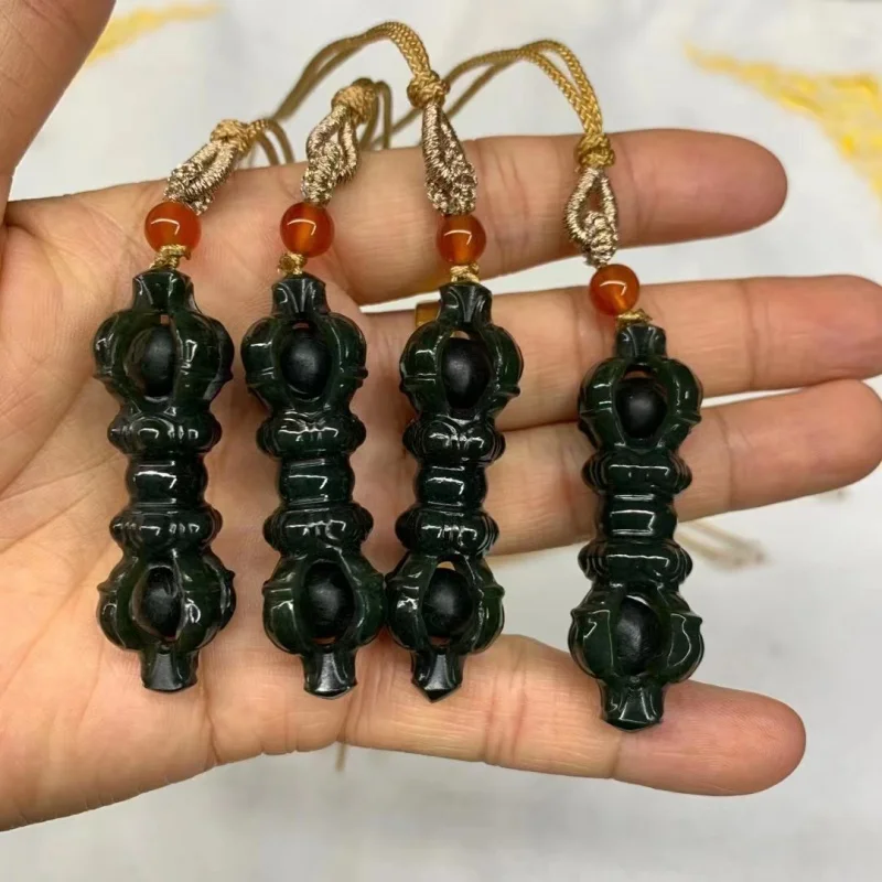 Hetian Jade Tower Green Vajra Monster Subduing Club Pendant Quality as Shown in Figure Hollow Carved Hanging Piece Penda