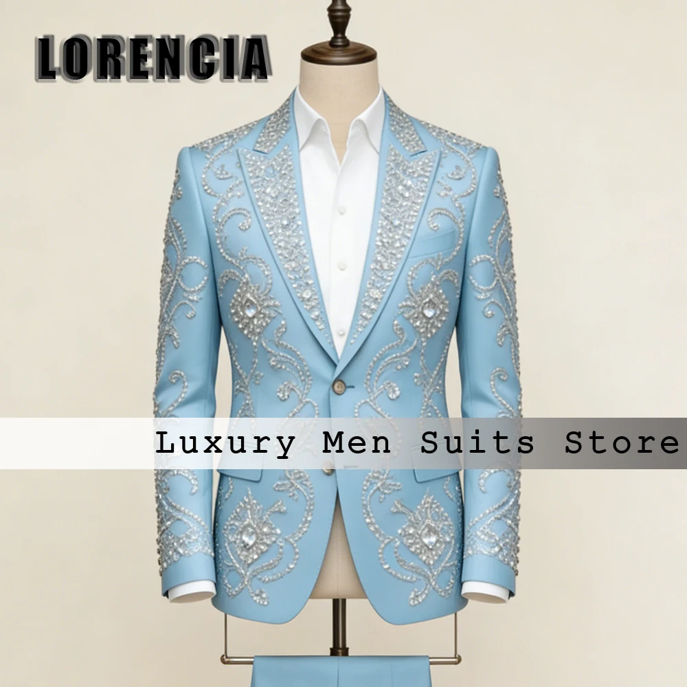 

Блестящие костюмы с бриллиантами для мужчин, комплект из 2 предметов, наряды для выпускного вечера со стразами, вечерние смокинги, индивидуальный пошив, пиджак и брюки, свадебные костюмы