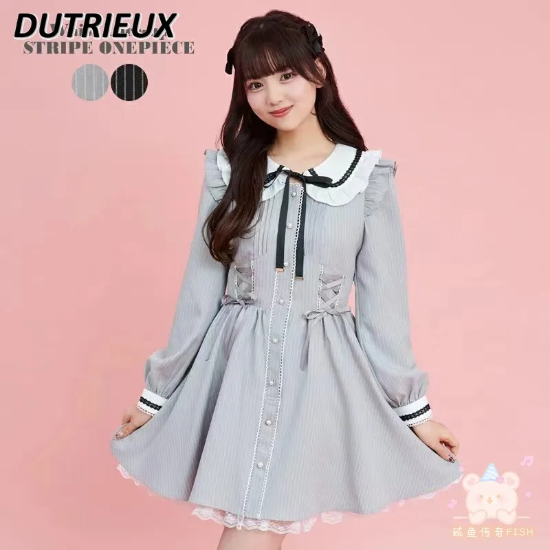 Spring and Summer New Striped Lace-up Sweet Long Sleeve Dress All-Match Lace Kawaii Girl Lolita Slimming Everyday Dresses