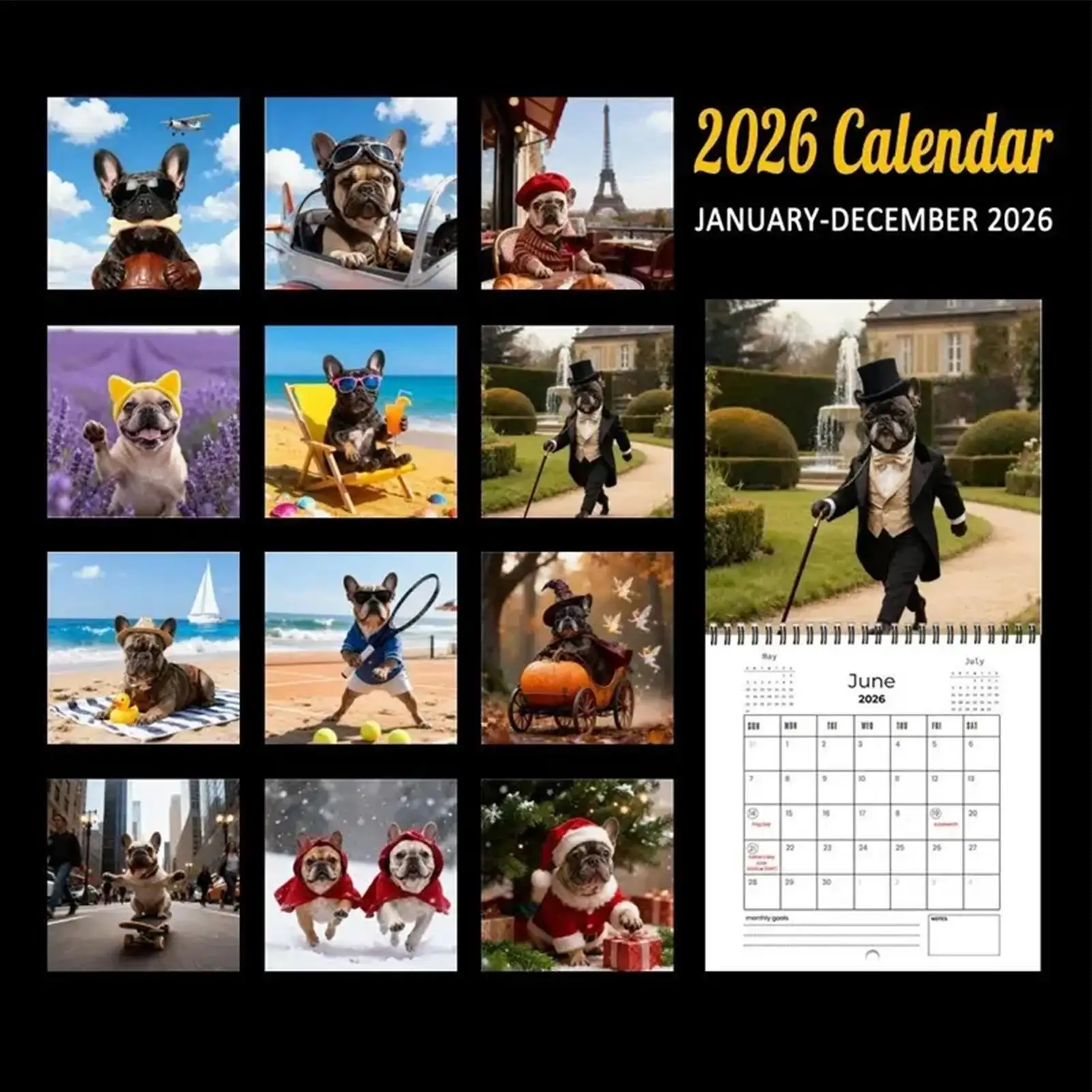 2026 Wall Calendar Monthly Thick Paper with Notes French Bulldog 2026 Calendar Planner for Academic Appointment Home Office